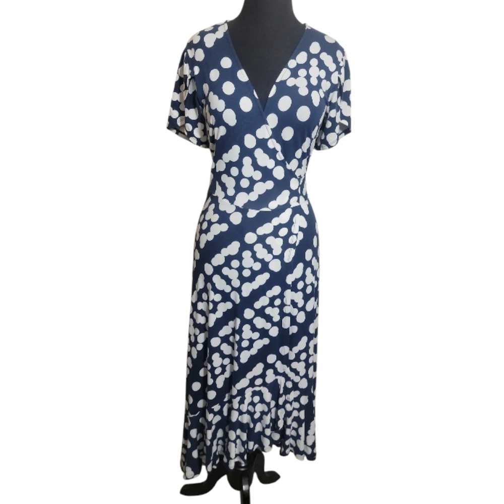 CAbi the perfect wrap dress women's XS bkue white polka dot ruffle hem v neck